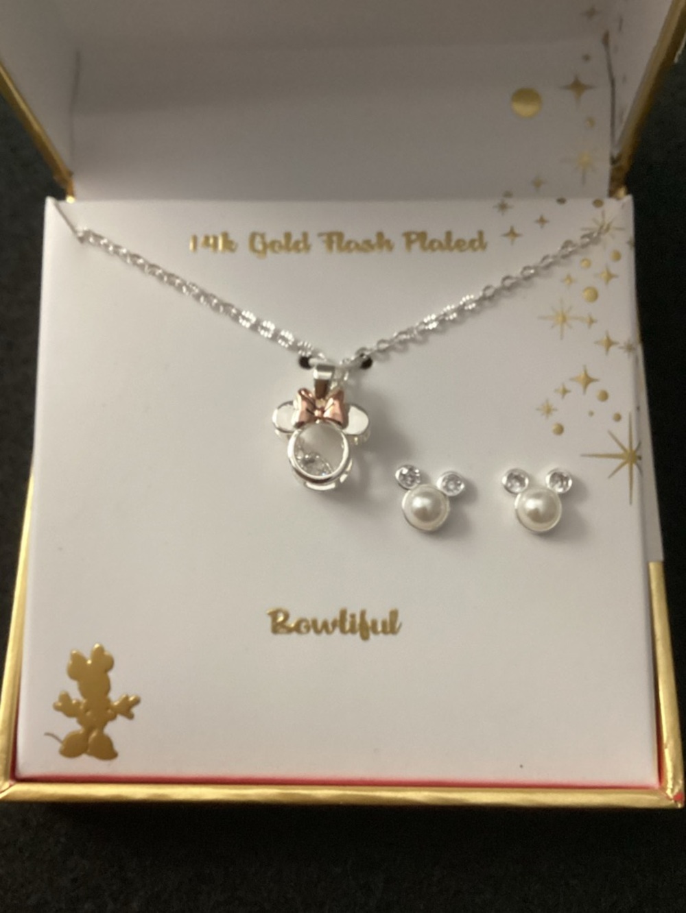Disney Minnie Mouse 14k Gold Flash Plated Silver Necklace and Earrings Set - Picture 2 of 7